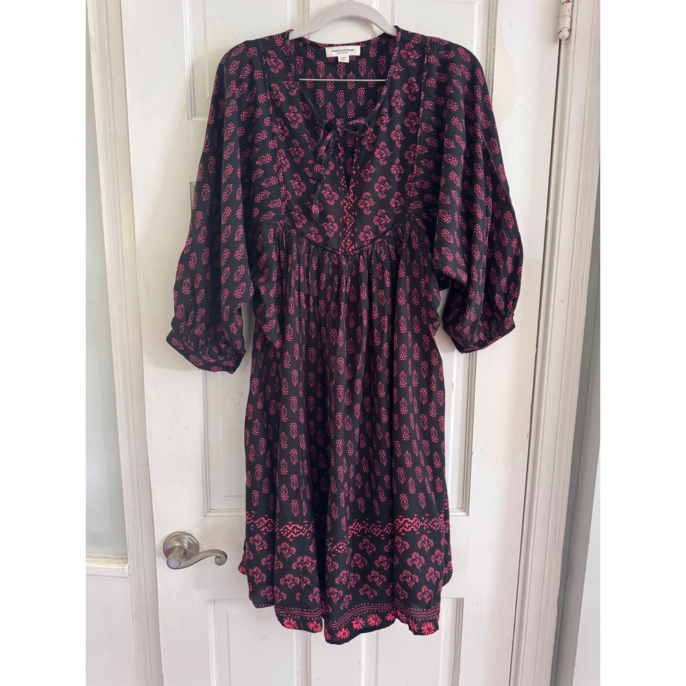 Beachlunchlounge Pink Black Block Print Midi Dress Medium V-Neck Balloon Sleeve